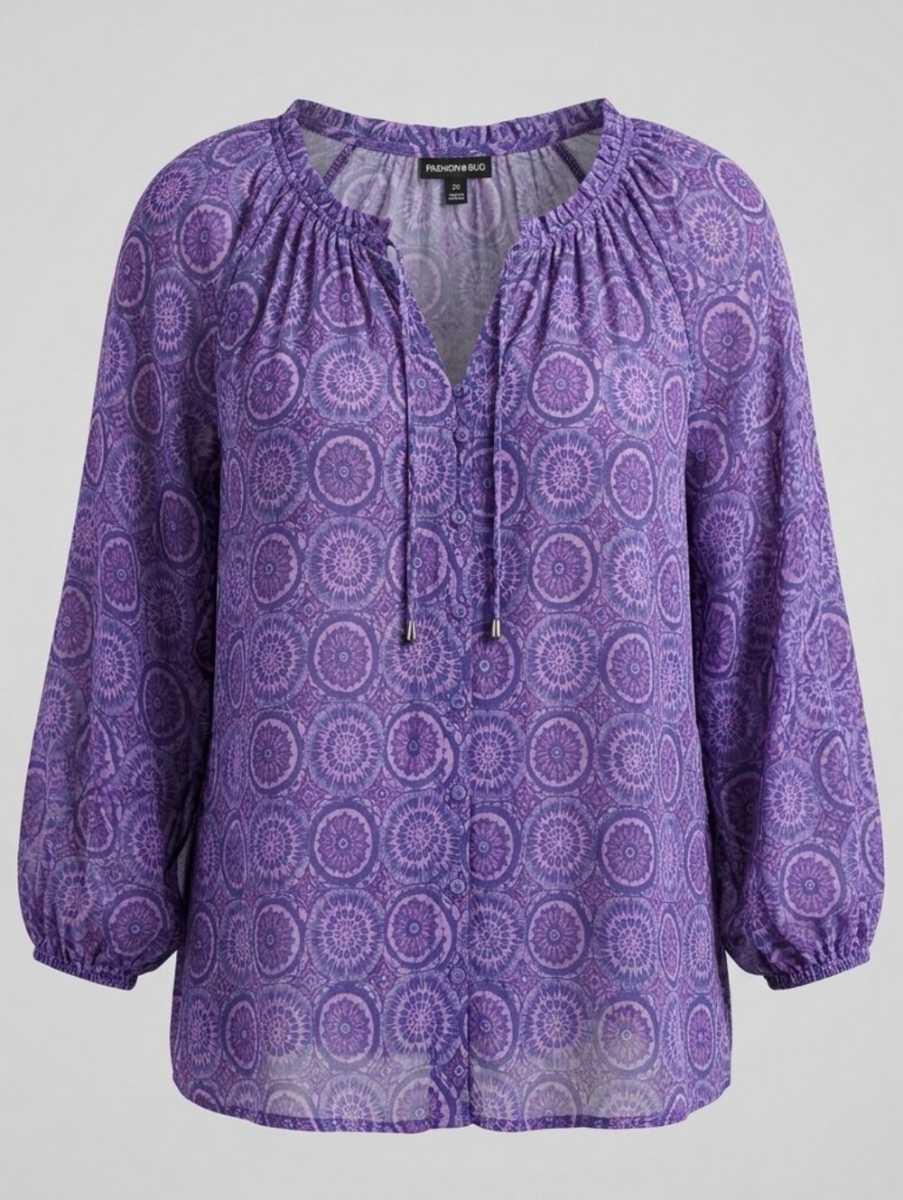 Fashion Bug Purple Medallion Print Peasant Button Down Boho 3/4 Sleeve Blouse 2X